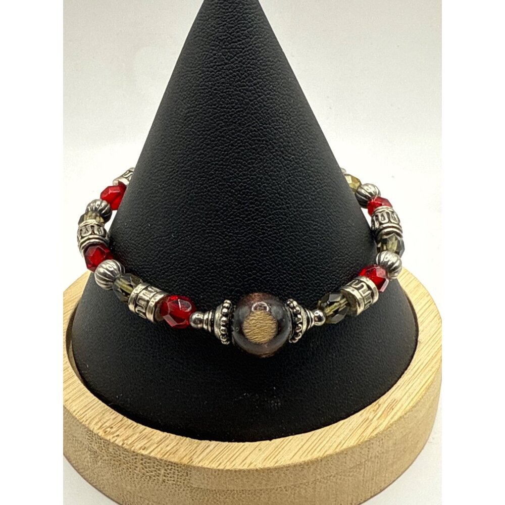 7" Beaded Bracelet With Red & Silver Accents Toggle Clasp